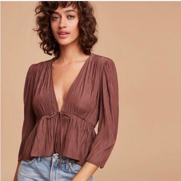 Wilfred Aritzia Women size Small Brown Tie Front Puff Long Sleeve Shanina Blouse - Picture 1 of 12
